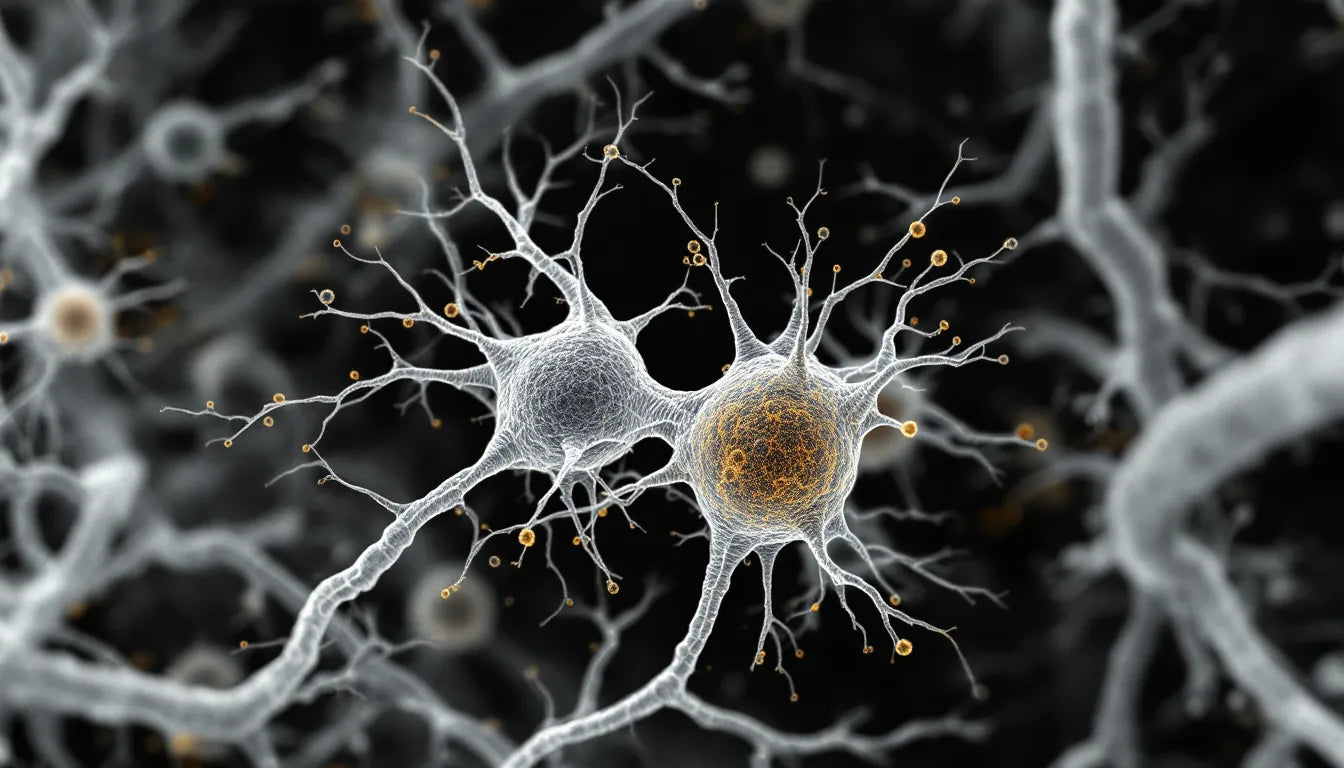 A microscopic close-up of regenerating nerve cells with glowing details.