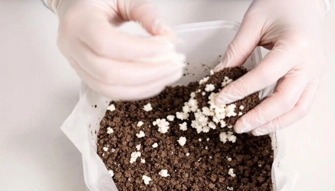 Hands placing grain spawn into mushroom growing substrate