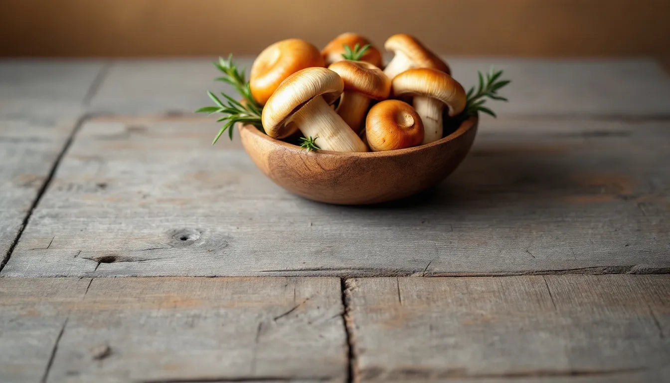 fresh gourmet mushrooms placed on rustic wooden surface