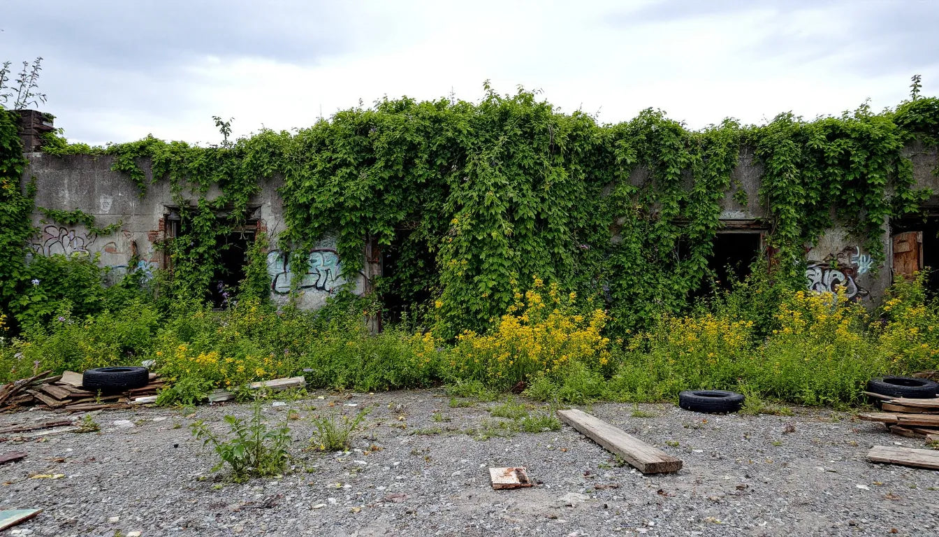 Empty urban lot overgrown with weeds and litter