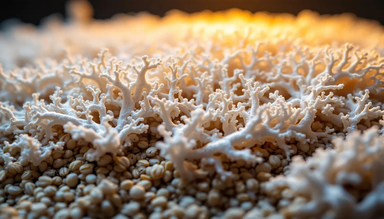 White mycelium spreading across a grain substrate.