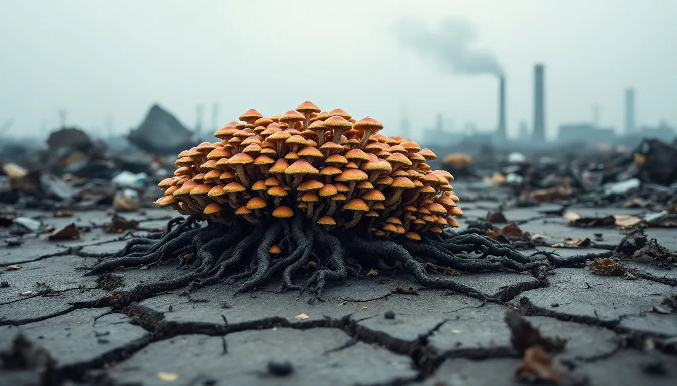 Mushrooms growing on dark polluted soil during restoration