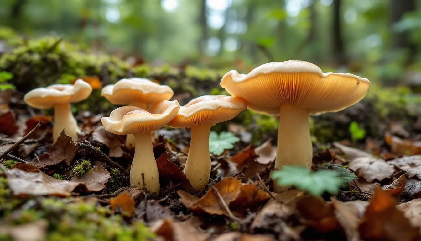 Cup-shaped fungi growing in damp forest leaf litter