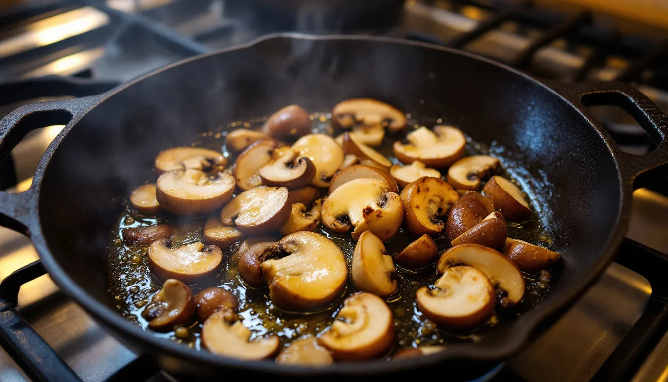 Lion's Mane mushrooms searing in a hot cast iron skillet