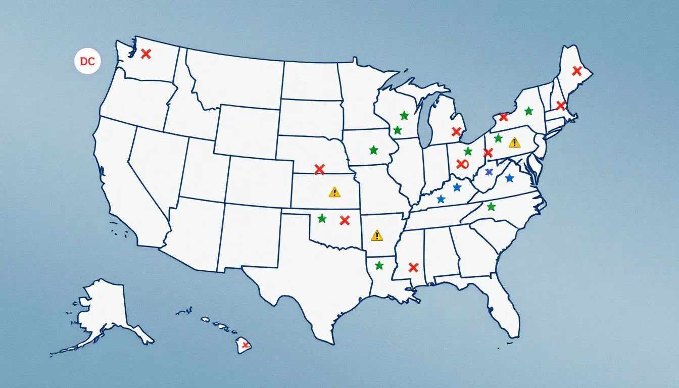 United States map with policy markers.