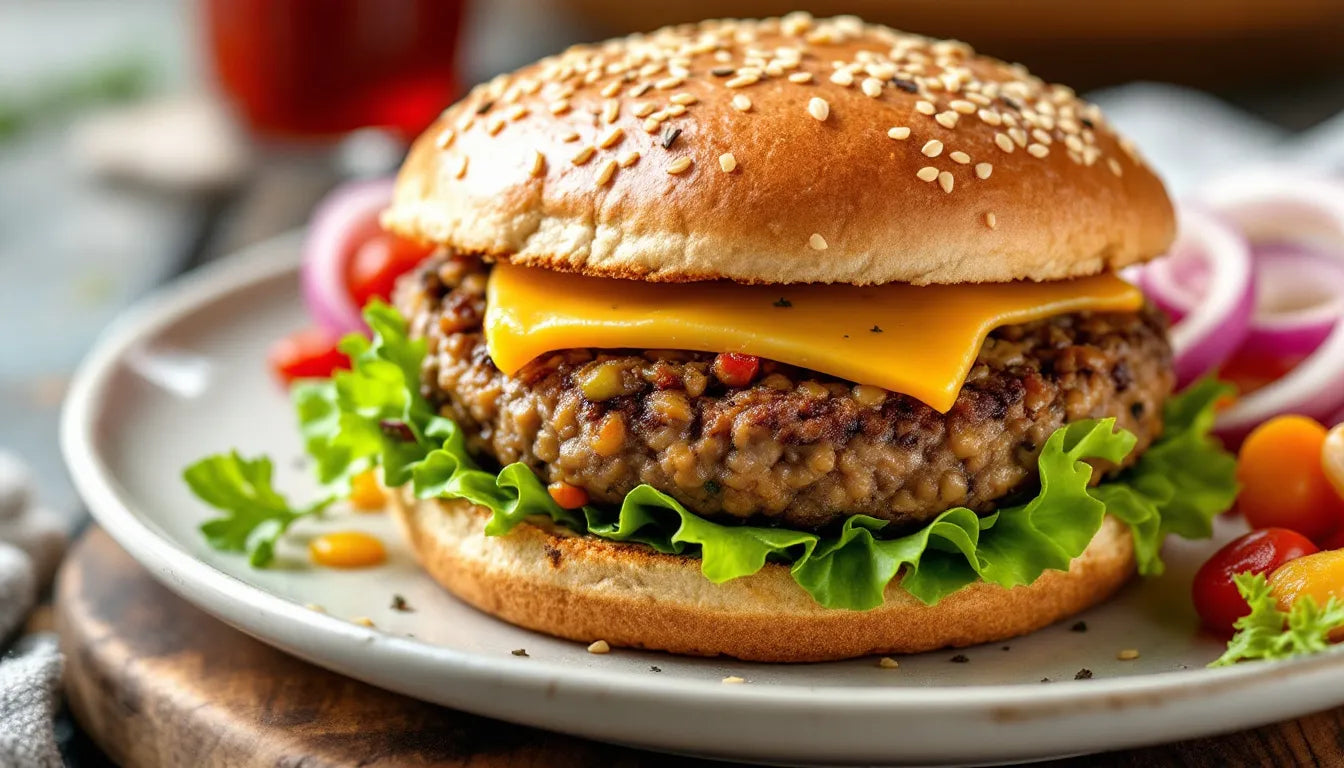Homemade mushroom and lentil burger served on whole grain bun