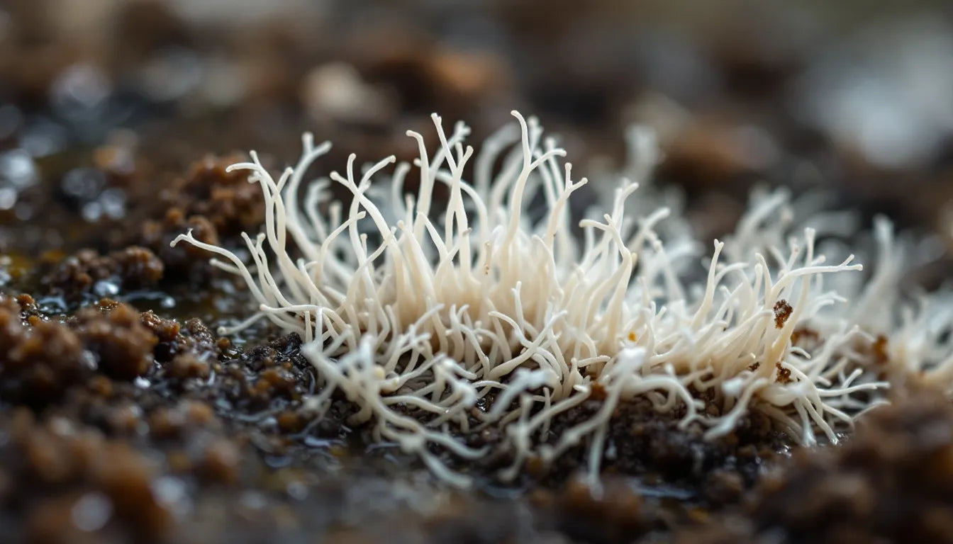 Close-up of mushroom mycelium spreading in moist substrate