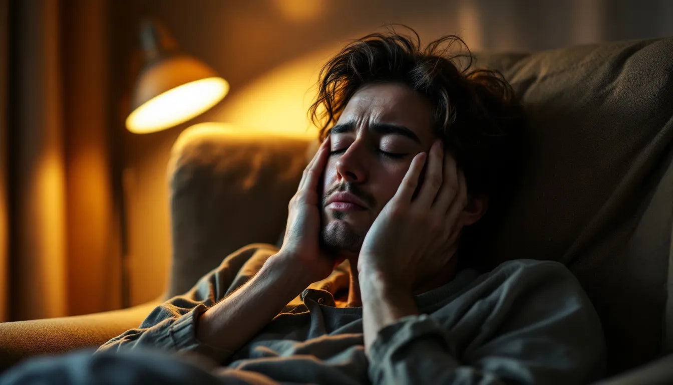 A tired person rubbing their eyes in dim lighting.