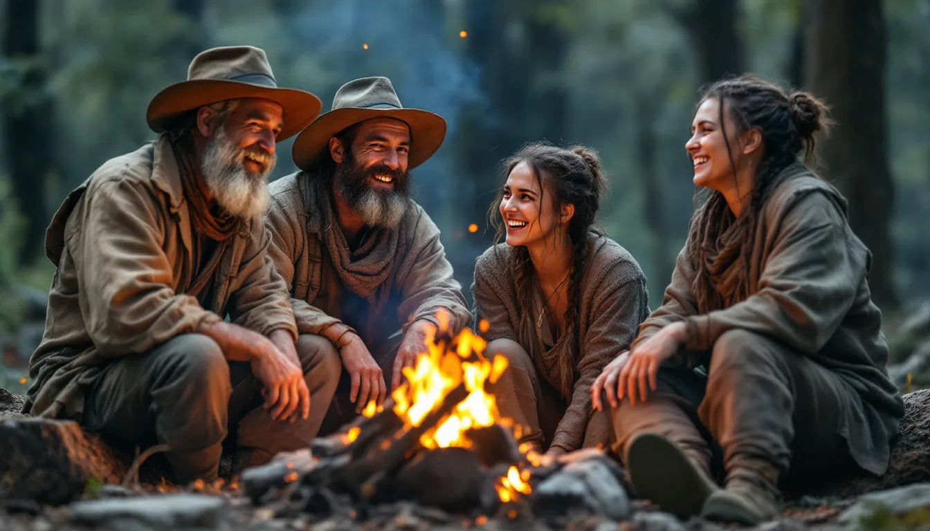 Group of foragers smiling together around a campfire