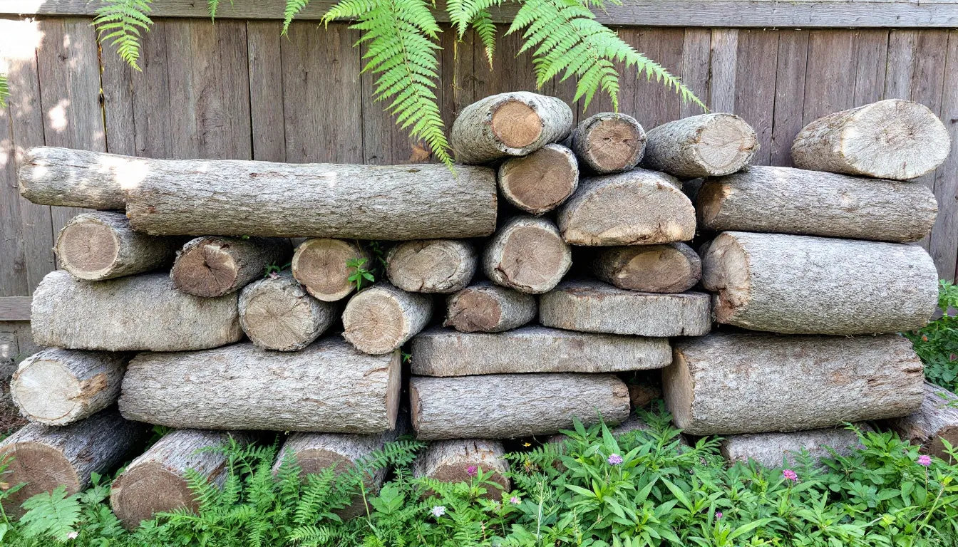 Stacked hardwood logs for mushroom growing in shady backyard