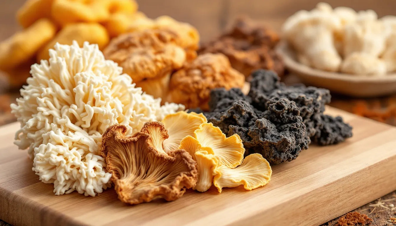 Selection of dried mushrooms like Reishi, Lion's Mane, and Turkey Tail