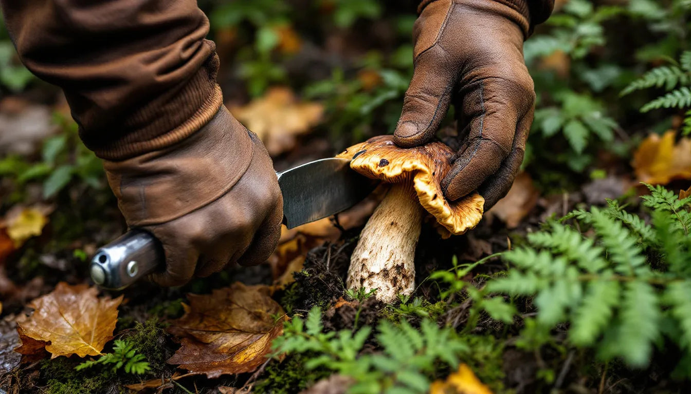 Person harvesting mushrooms carefully with knife
