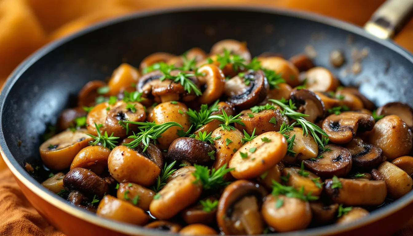 Cooked honey fungus mushrooms in skillet with herbs