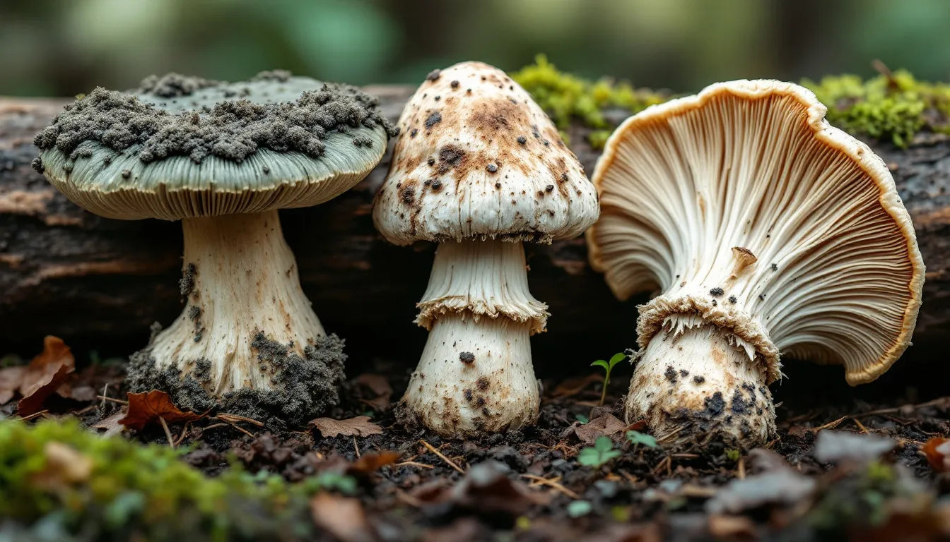 variety of diseased mushrooms with spots and molds