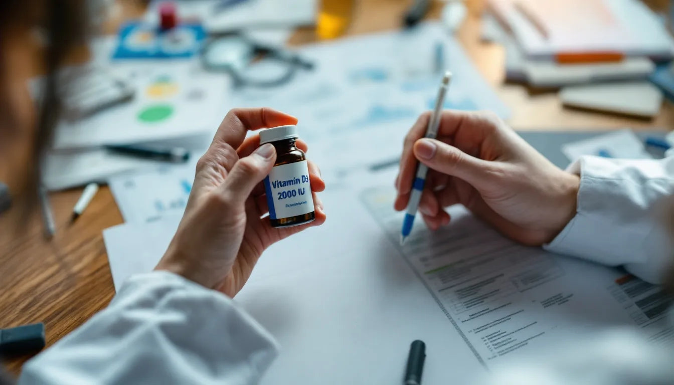 Person examining supplement bottle label with magnifying glass