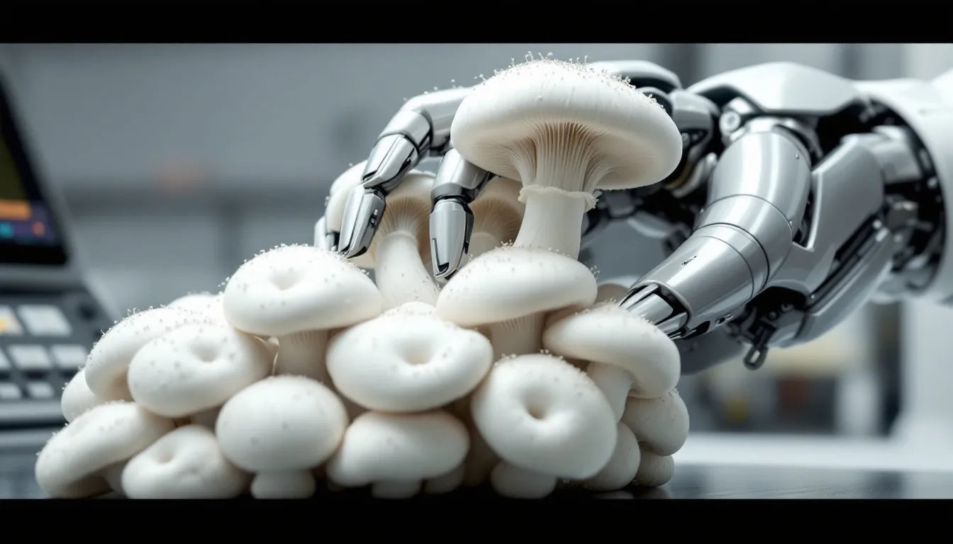 Robot arm harvesting mushrooms in farm