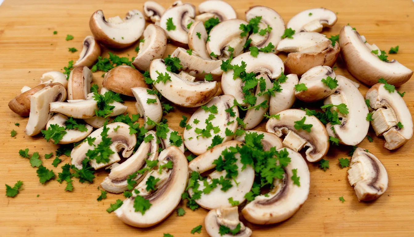 Sliced mushrooms showing different textures and thicknesses