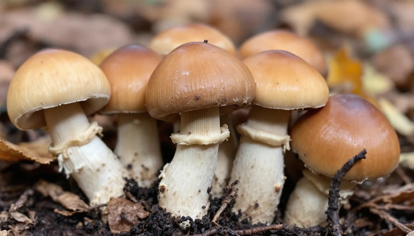 Close-up of edible mushrooms with visible stems