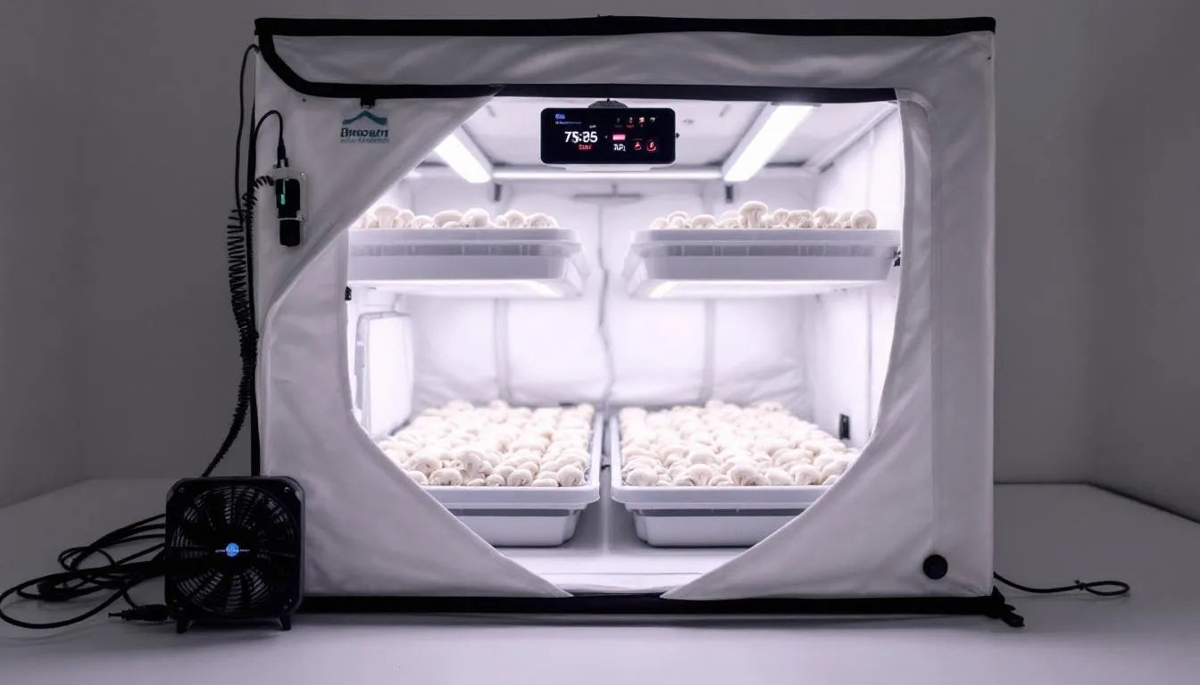 Indoor mushroom tent equipped with smart environmental controls
