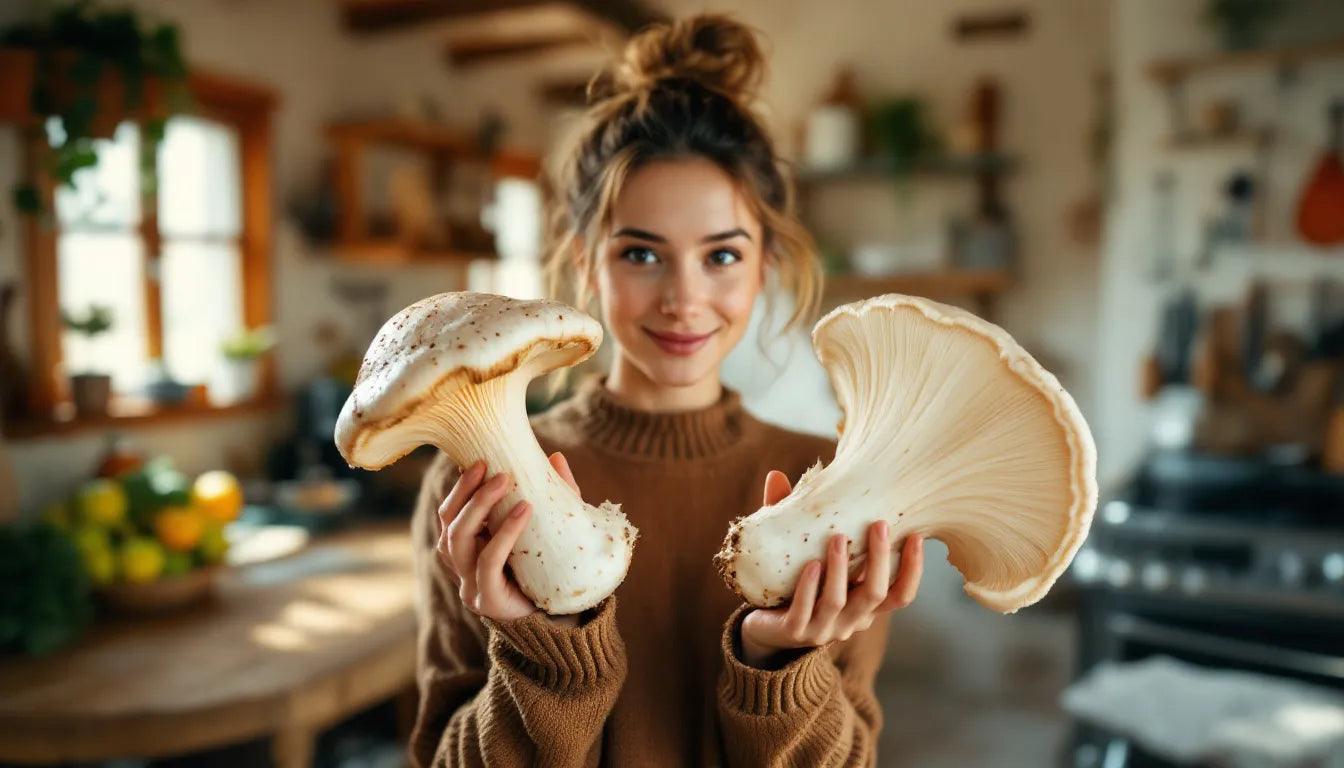 Person examining a mushroom stem in home kitchen