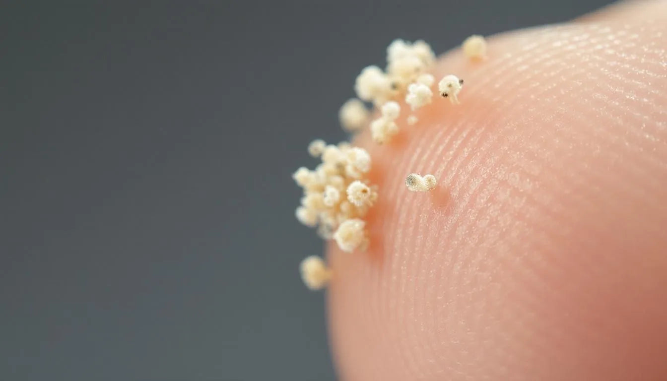 close-up image of microscopic mushroom spores resting on a human fingertip