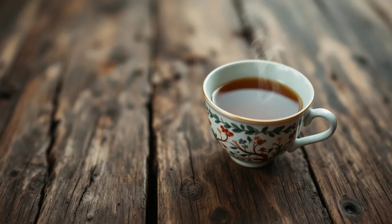herbal tea cup on rustic wooden table