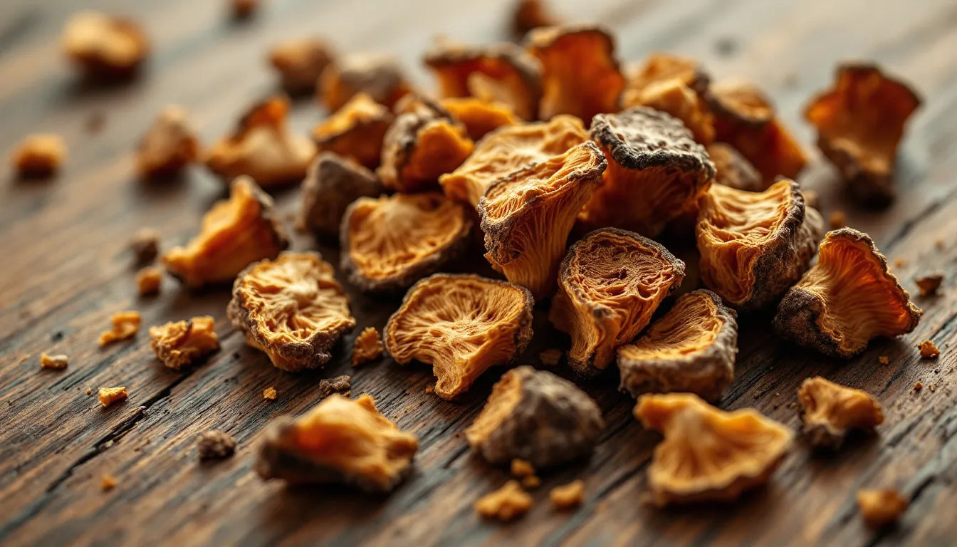 Dried chaga mushroom chunks displayed on a rustic wooden table.