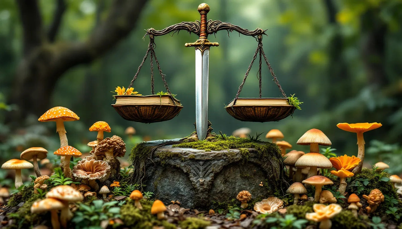 Scales of justice balanced with psychedelic mushrooms, symbolizing legal dilemmas.