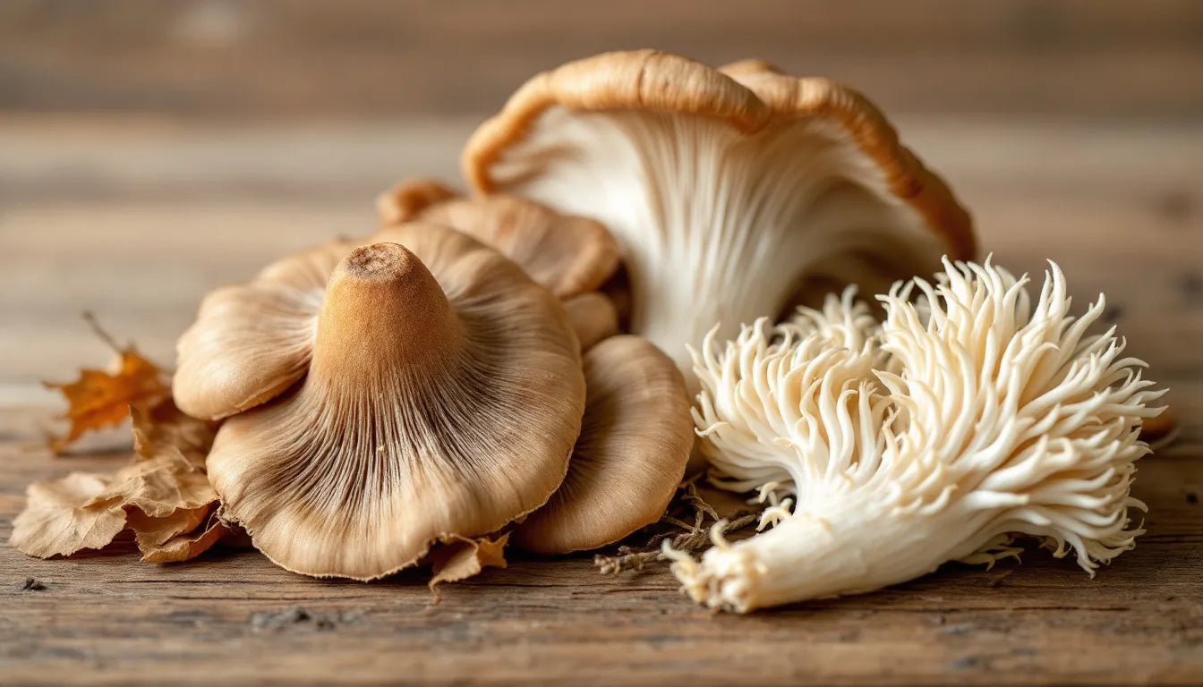 shiitake and lion's mane mushrooms ready for harvest