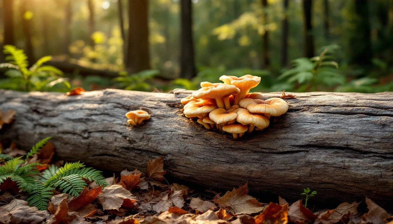 Shiitake mushrooms fruiting from outdoor hardwood log