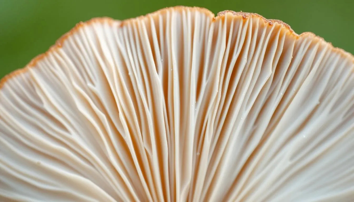 Close-up image showing mushroom gills on cap underside