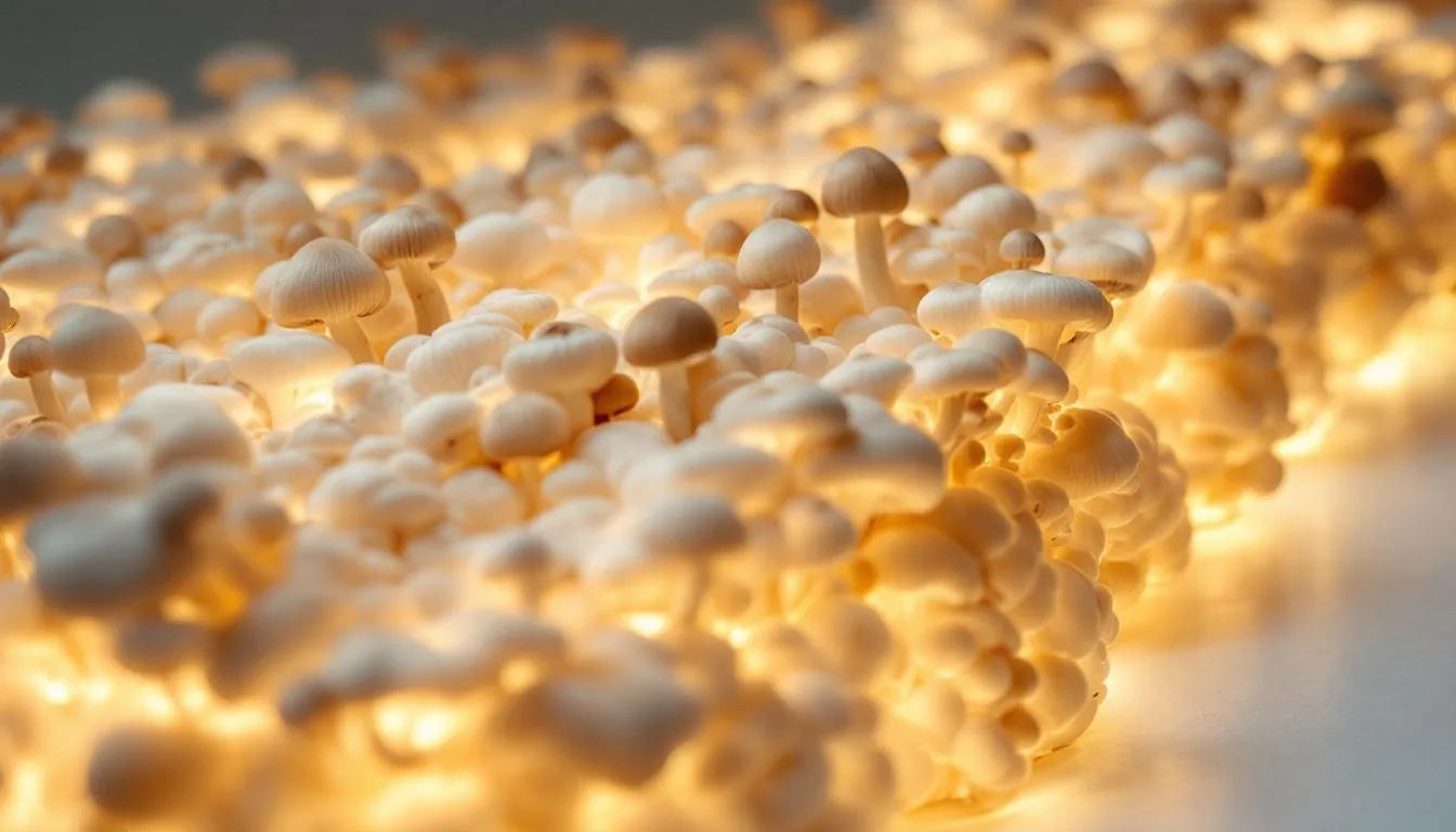 Mushroom grow bags under soft ambient room lighting