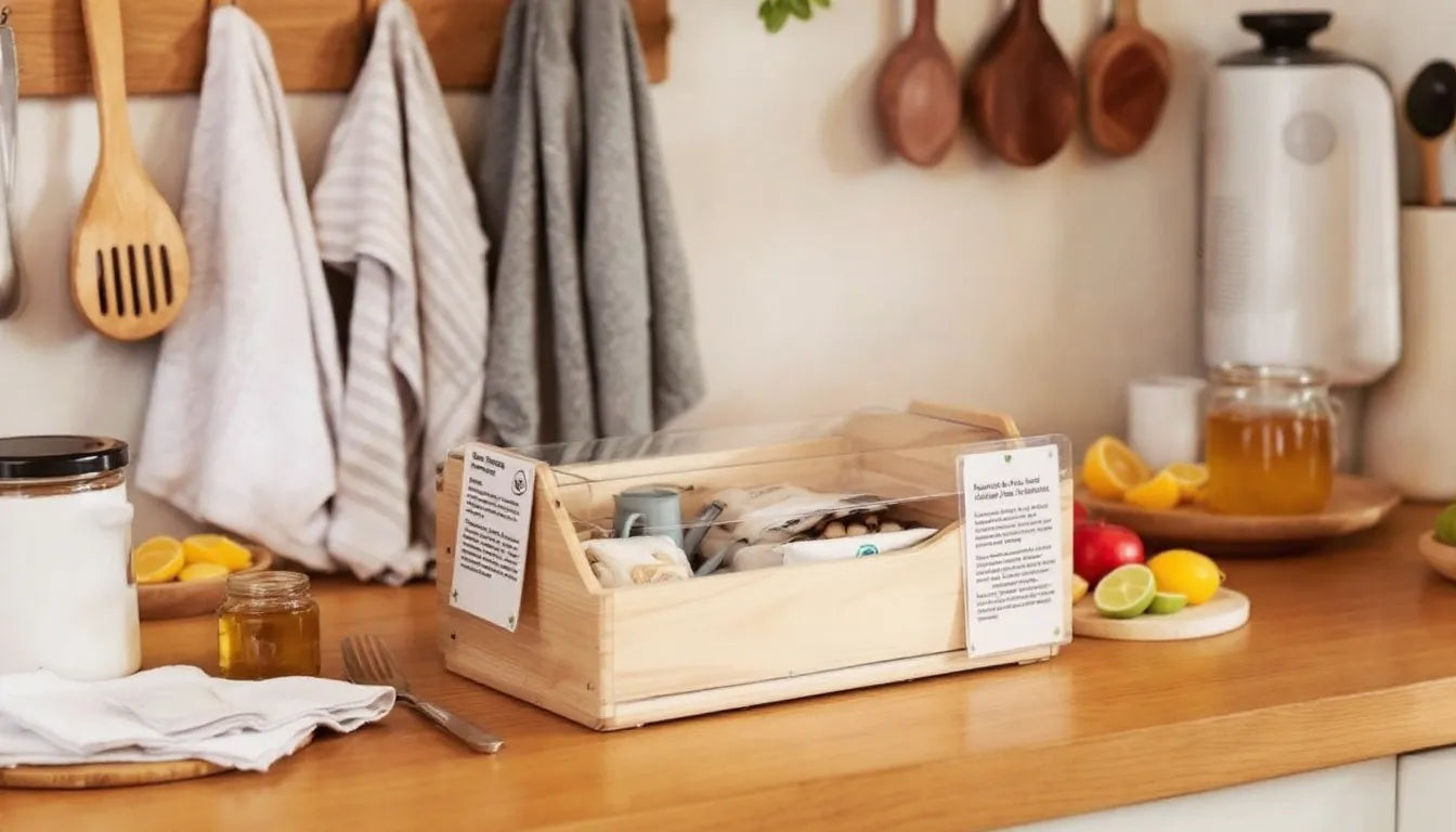 Lion's Mane mushroom grow kit with mushrooms sprouting on kitchen counter