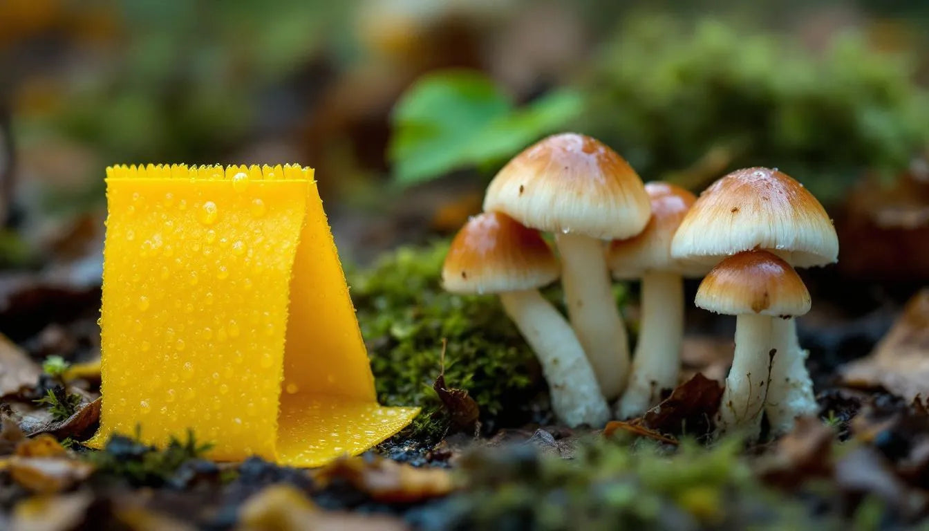 Yellow sticky trap placed close to mushroom grow tray