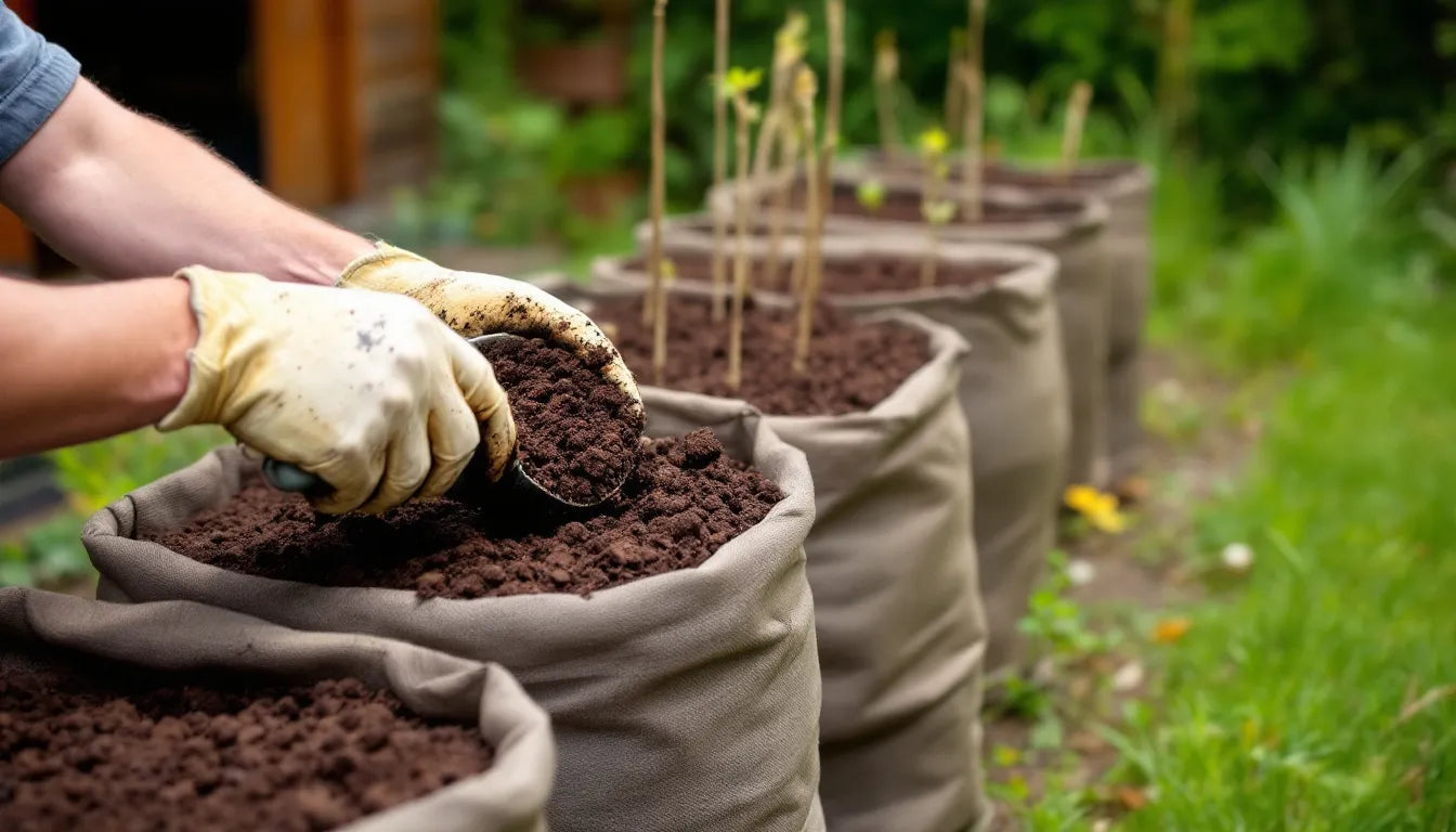 Person preparing and inoculating mushroom grow bags with substrate
