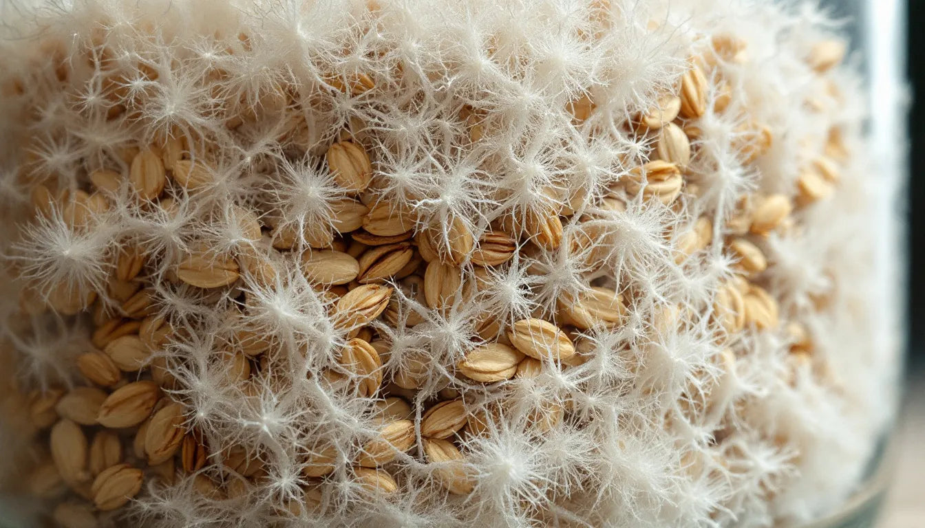 Jar filled with colonized grain spawn covered in white mycelium