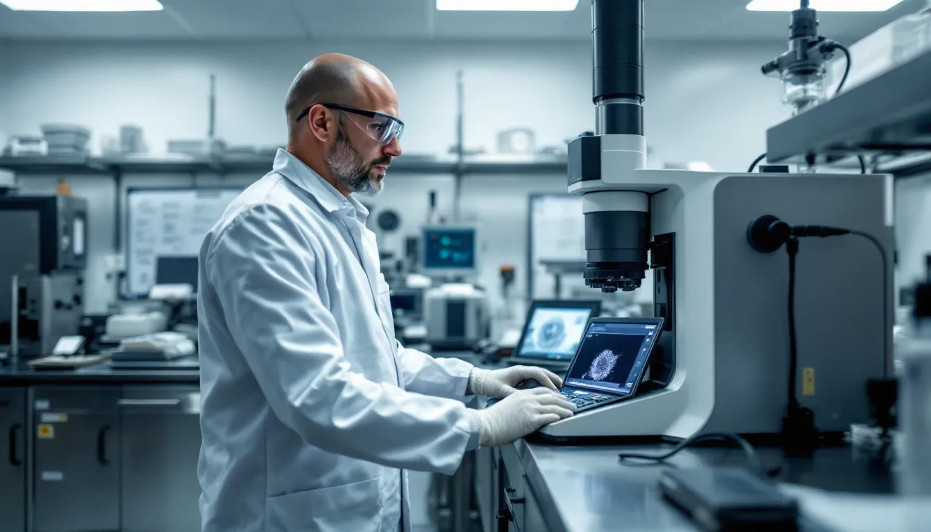 Scientist examining mushroom cells using electron microscopy and RNA sequencing