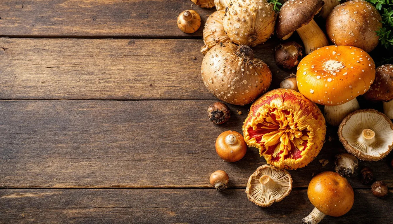 Fresh mushrooms displayed on a rustic kitchen table