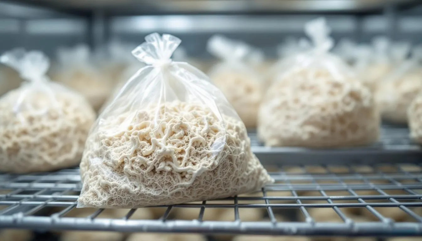 Mushroom grow bag in cold environment for fruiting