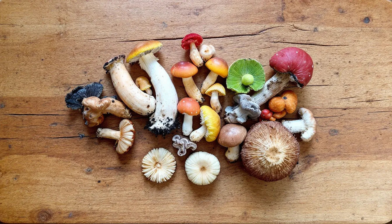 Assorted fresh mushrooms displayed on a wooden board