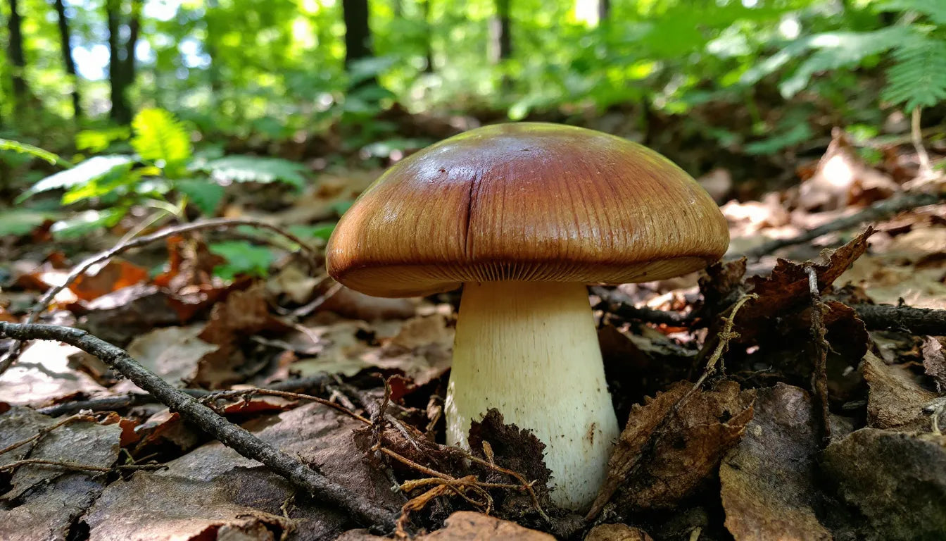 A single mushroom growing naturally in forest soil.