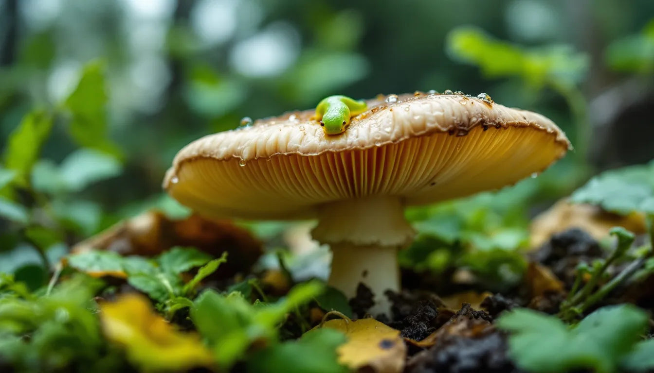 Slug crawling on mushroom in moist garden bed