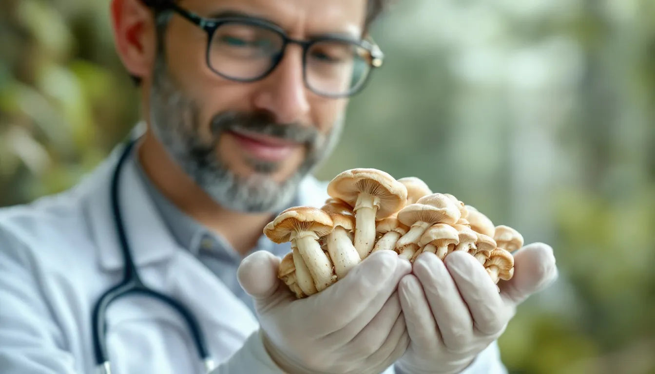 Doctor holding medicinal mushrooms during a health consultation