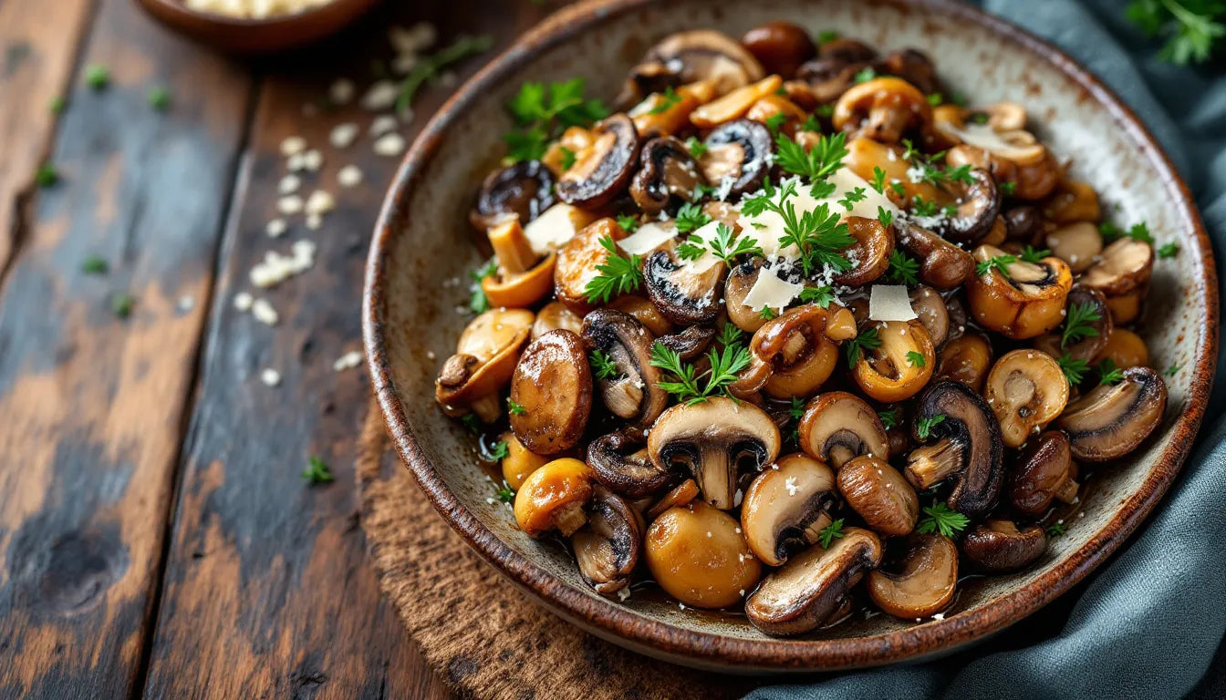 Cooked chestnut mushroom dish garnished with herbs