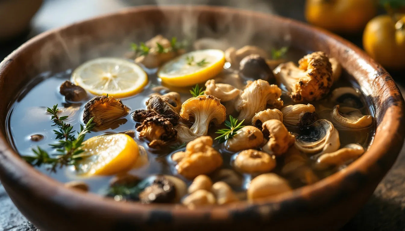 Dried mushrooms soaking in hot water in ceramic bowl