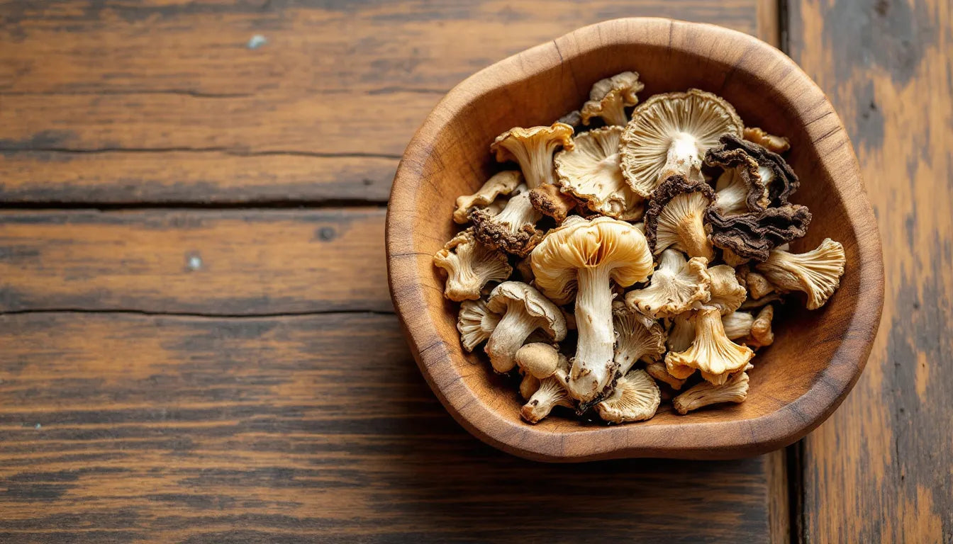 Dried medicinal mushrooms showcasing immune compounds