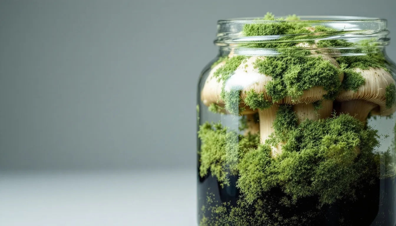 Mushroom growing jar contaminated with green mold