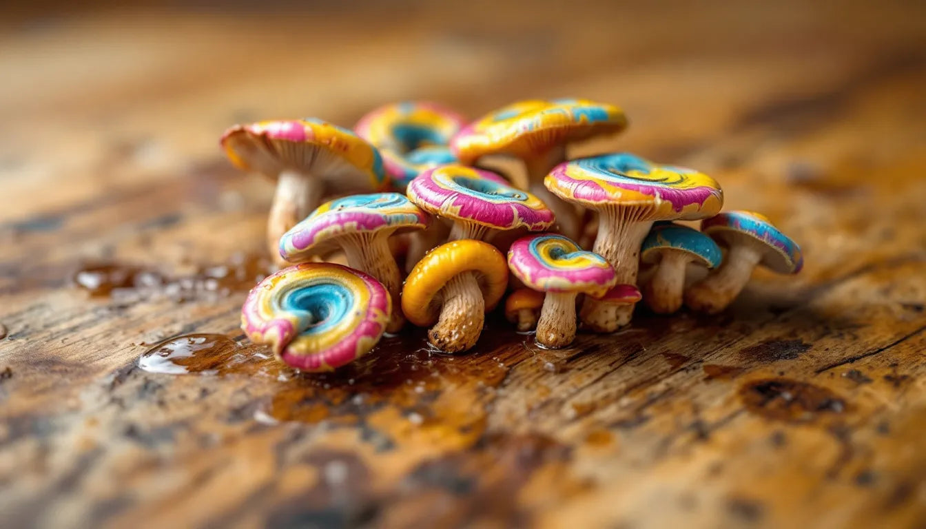 Fresh psilocybin psychedelic mushrooms on a wooden table