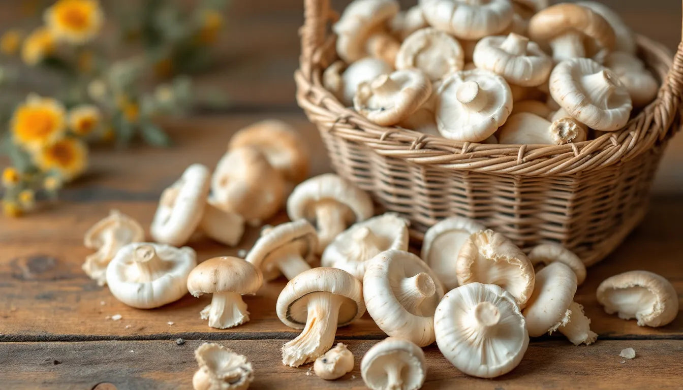harvested oyster mushrooms in a woven basket on table
