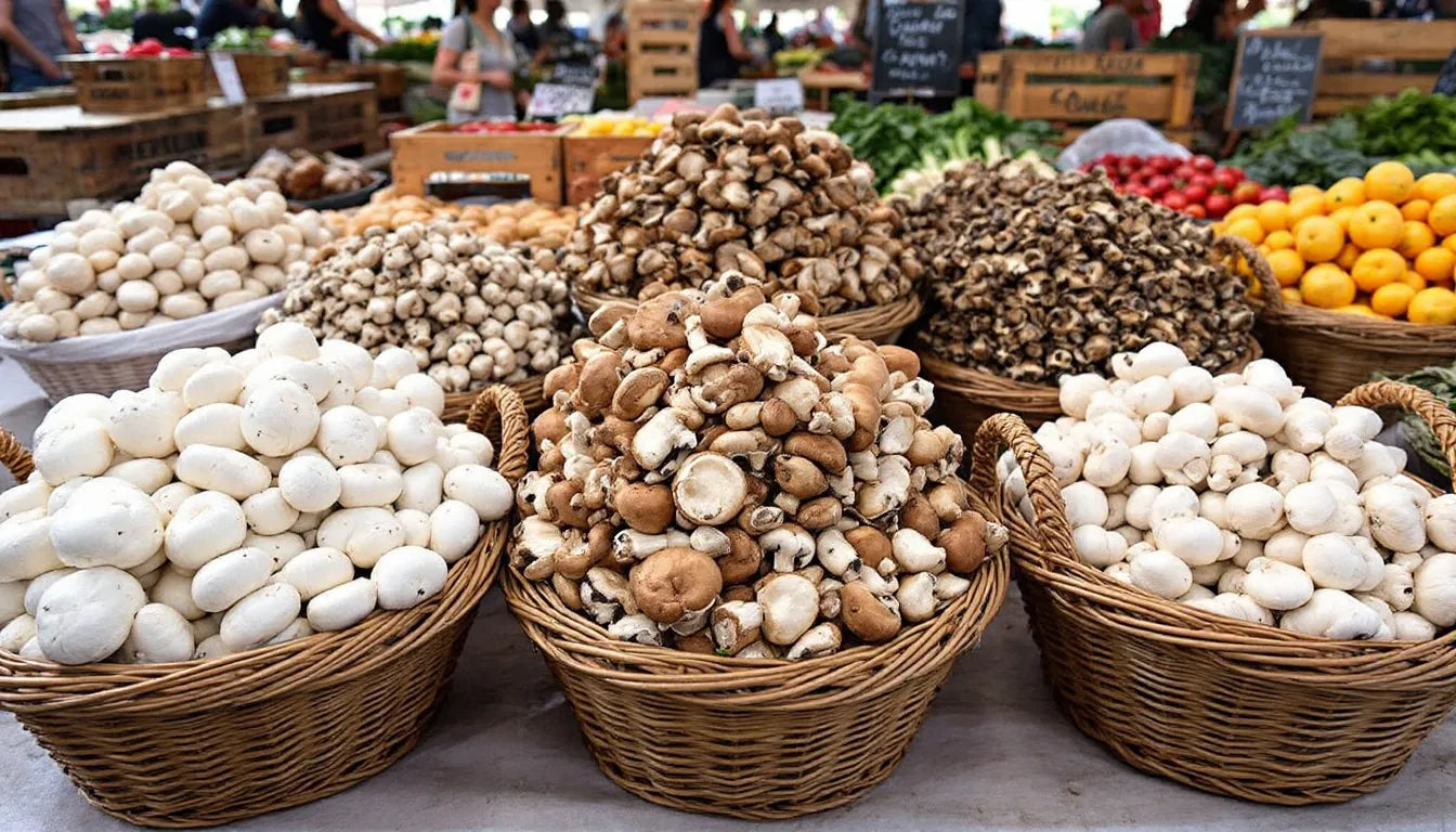 Colorful baskets of mushrooms at a farmers market stand